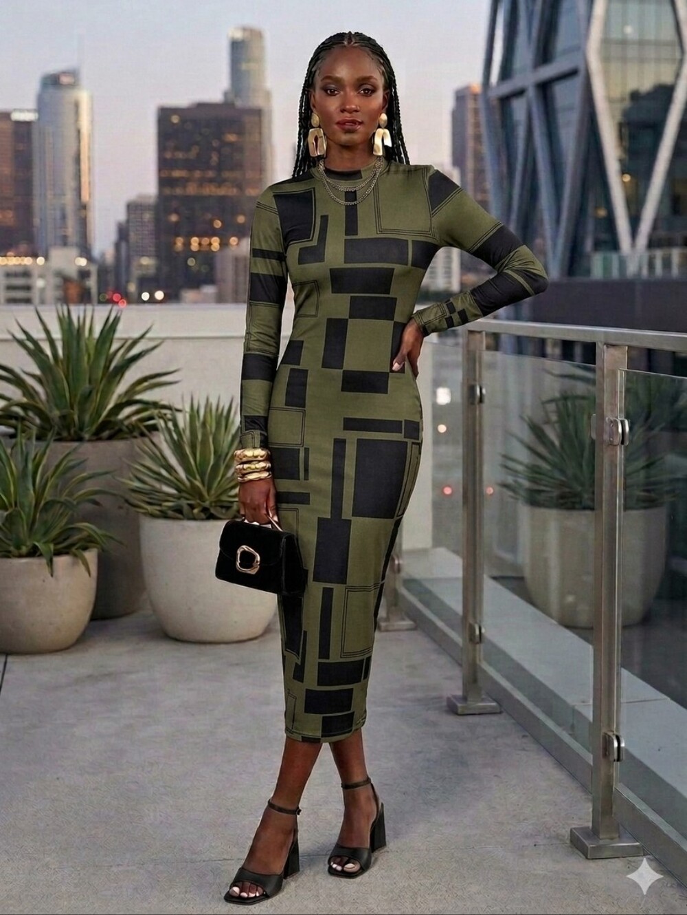 SHEIN Women's M (6) Olive Geometric Mock Neck Long Sleeve Bodycon Midi Dress